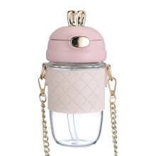 Roze waterfles met rietje en draagriem, 350 ml, BPA-vrij.