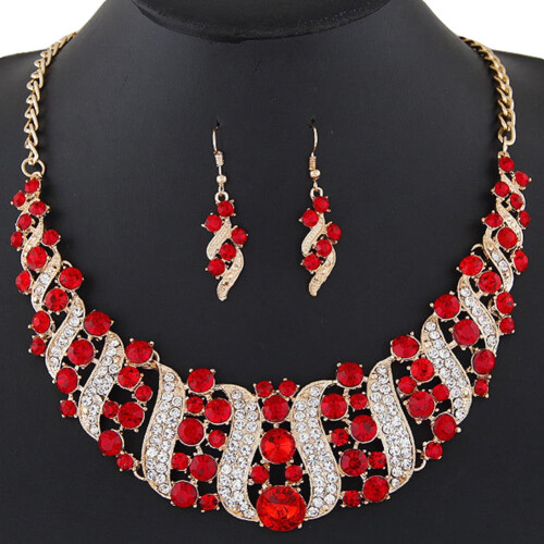 Conjunto feminino de colar e brincos com pingente espiral de strass
