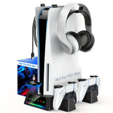 PS5-Ständer & Kühlstation mit Temperatursensor (nicht für Slim), Doppelladegerät, Lüfter, 2 Headset-Halterungen – kompatibel mit PS5
