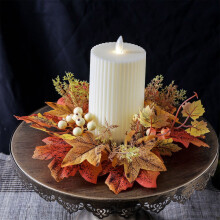 XIAOLE9.8" Fall Candle Ring, Small Autumn Wreath for Candlestick, Rattan Garland with Maple Leaf & Berries, Thanksgiving Halloween Table Decor (No
