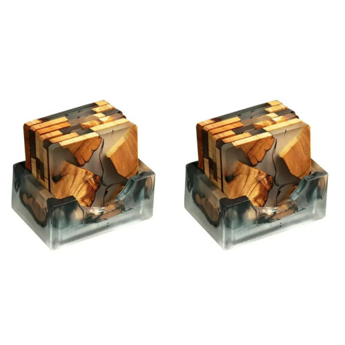 Wood Coasters Set with Epoxy Resin - Modern Coasters with Holder for Drinks, Includes 12 Coasters and Holder