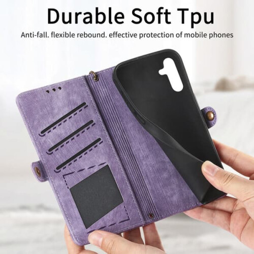 Capa carteira com zíper compatível com Samsung Galaxy A14, roxa. 1