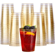 Premium thick plastic glasses with gold glitter 285ml 50 pcs