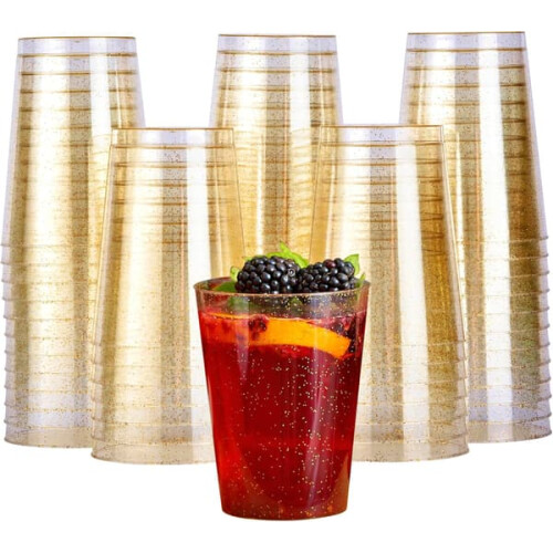 Premium thick plastic glasses with gold glitter 285ml 50 pcs