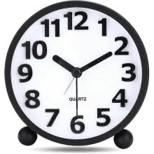 Analog Alarm Clock Black Metal 10.8cm Tick-Free with Night