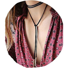 Gold Bar Gothic Black Suede Lariat Necklace