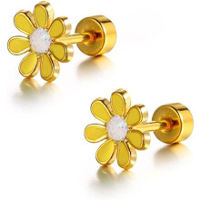 Daisy Flower Stud Earrings 18G Gold-Plated Stainless Steel
