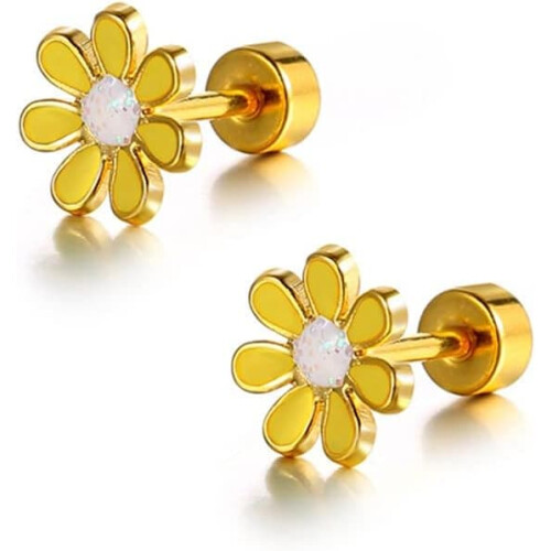 Daisy Flower Stud Earrings 18G Gold-Plated Stainless Steel