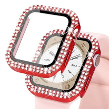 Gloine Bling + Cás atá comhoiriúnach le Apple Watch 44mm/45mm/41mm/40mm/42mm, Tuairteoir Diamant + Cosantóir Scáileáin do iWatch Series9 8 7 6