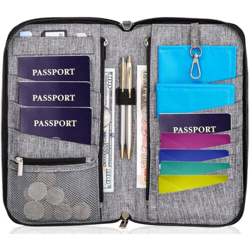 Family travel document organizer with RFID protection large