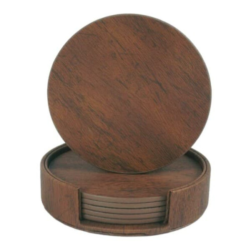 Reversible Coasters Walnut PU with Holder 6-pack