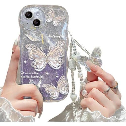 Compatível com iPhone, Capa protetora com glitter de borboleta fofa e pulseira para mulheres/meninas, roxa.