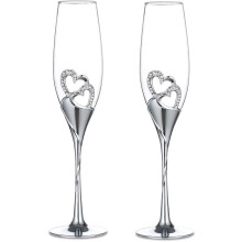 Service de coupes à champagne argentées pour mariage, lot de 2, ornées de cœurs en strass argentés.