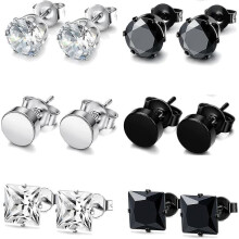Steel Earrings with Cubic Zirconia 6 Pairs 6mm