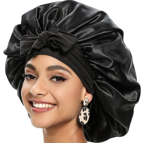 Silk Bonnet for Curly Hair Black One Size