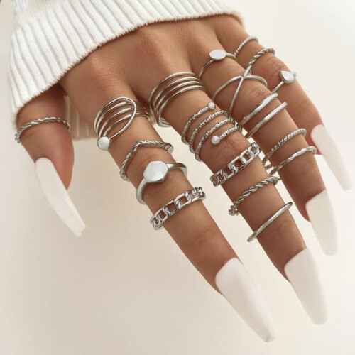 Knuckle Ring Set Silver 18-Piece