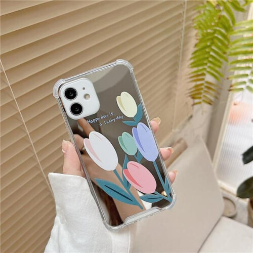 iPhone 13 mirror glass with tulip design silver one size