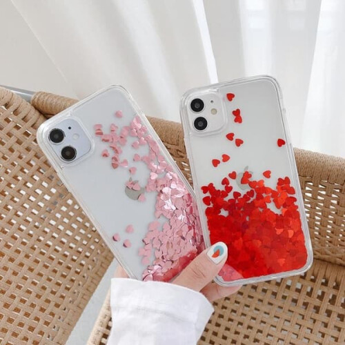 iPhone 13 Pro Max case with liquid heart glitter red one