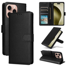Capa multifuncional compatível com iPhone 16 Pro com 3 compartimentos para cartões - Capa de couro preta