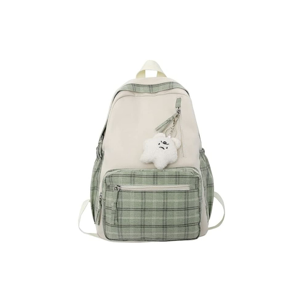Kawaii Plaid Backpack with Pendant for Girls, 1 Pack