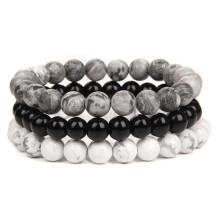 Natural Stone Bracelet Set Pink Rhodonite Black Onyx 3 pcs