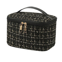 Bolsa de cosméticos portátil de grande capacidade para viagens, nécessaire para mulheres, preta.