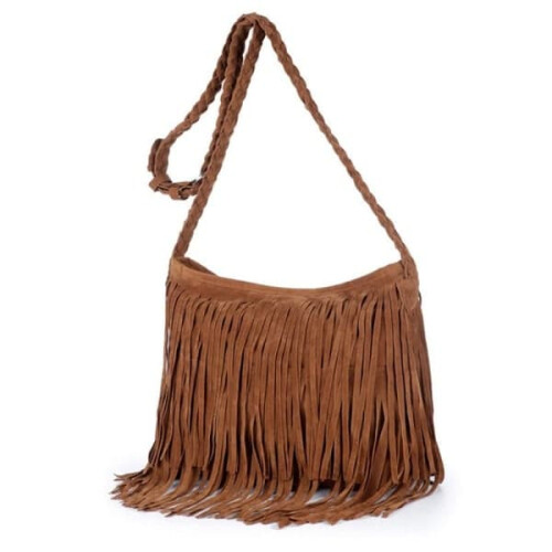 Leather Shoulder Bag with Fringes and Knitted Strap
