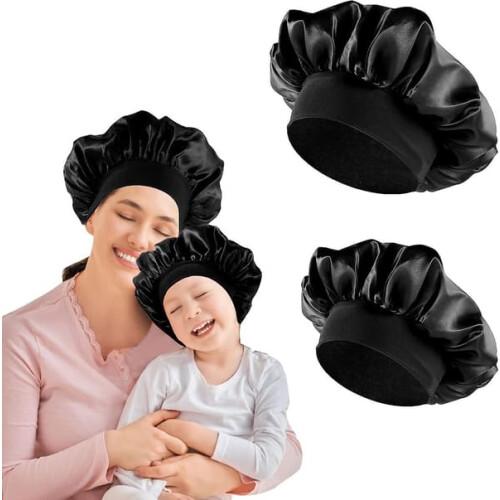Satin Night Cap for Hair Protection Black Reusable