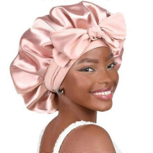 Satin Sleep Cap with Silk Lining for Curly Hair Pink