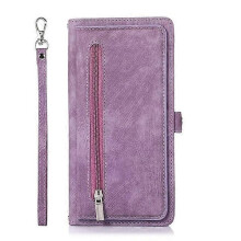Cás Fóin atá comhoiriúnach le Apple Wallet, Sealbhóir Cárta, Zipper le Strap Wrist, Leathar PU do iPhone14Pro Max/13/12/11/XR/XS - Corcra