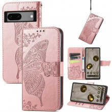Capa carteira para Google Pixel 8 em couro PU com 4 compartimentos, estampa de borboletas e detalhes em ouro rosa.