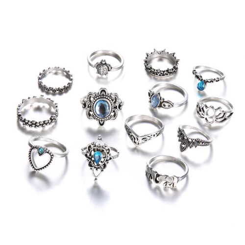 Boho silver rings with blue rhinestones heart elephant 13