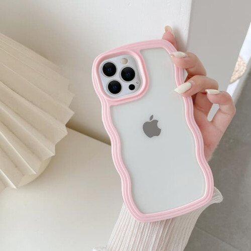 Capa transparente com moldura ondulada e fofa, feita de silicone macio e transparente, compatível com iPhone 15 Pro Max - Rosa