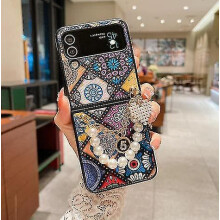 Cás Fón Stíl Eitneach Retro atá Comhoiriúnach le Samsung Galaxy Z Flip4 le Strap Armbhanda atá Frithsheasmhach in aghaidh Turraing Z Flip4Case B
