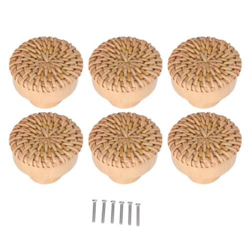 Wooden Rattan Drawer Knobs Round Handmade 6 pcs