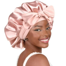 Satin Sleep Cap for Women with Silk Lining and Ribbon Pink