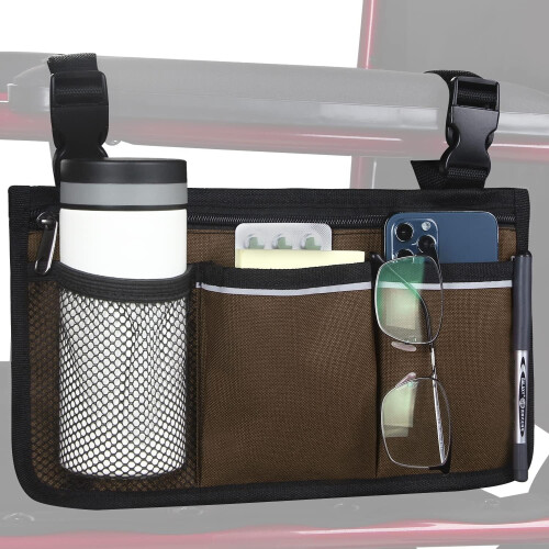 Wheelchair Side Bag Waterproof Storage Pouch with Cup Holder