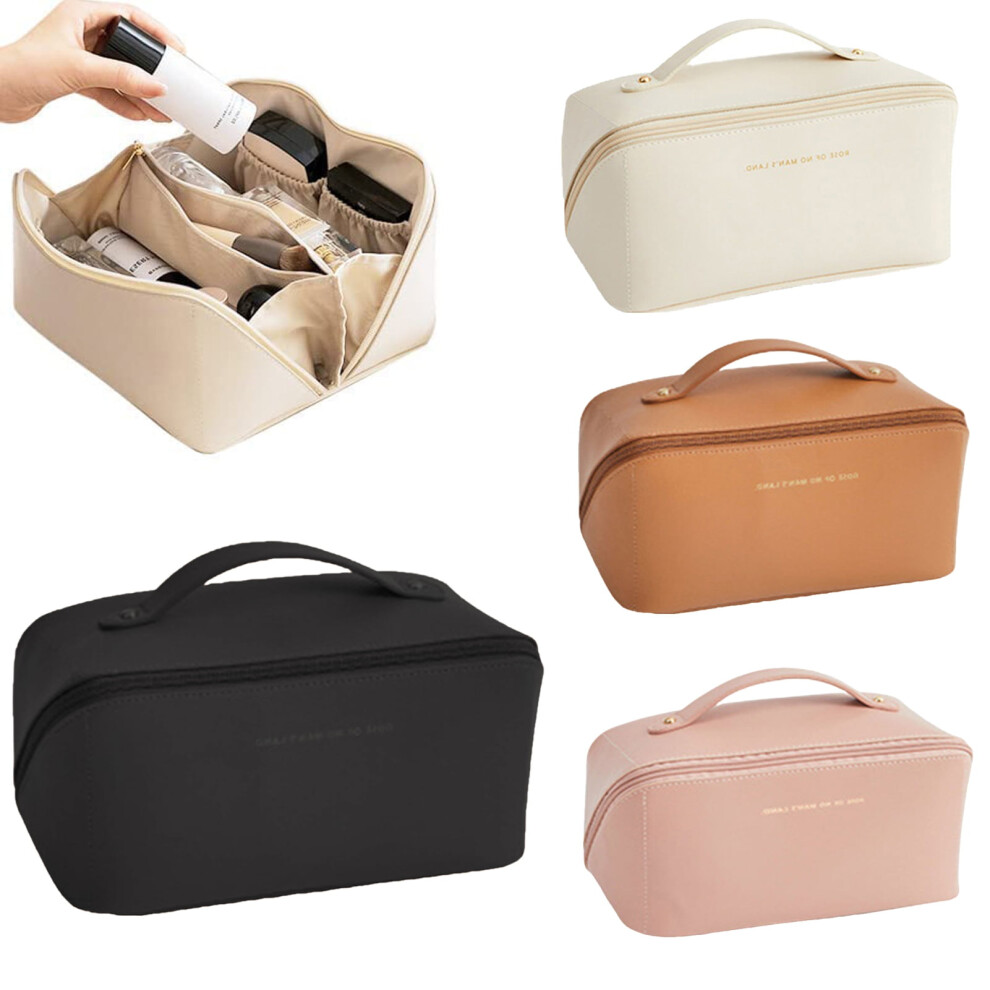 Large leather cosmetic bag waterproof with handle and