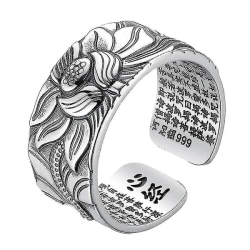 Silver Lotus Ring with Heart Sutra Adjustable