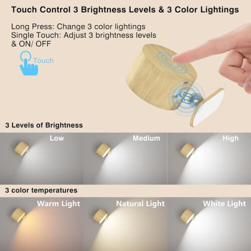 Wall Lamp Battery Powered Woodgrain Touch Control 3 Color 3 1