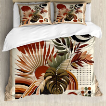 Monstera duvet cover set abstract boho king redwood beige
