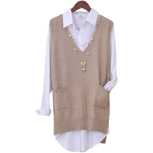 Women's V-neck sleeveless knit vest beige medium