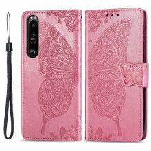 Étui en cuir rose papillon pour Sony Xperia 1III