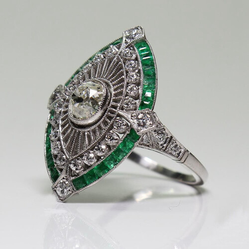 Sterling Silver Art Deco Emerald Ring Size 9