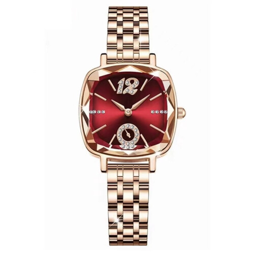 Women's quartz square watch with red stainless steel strap
