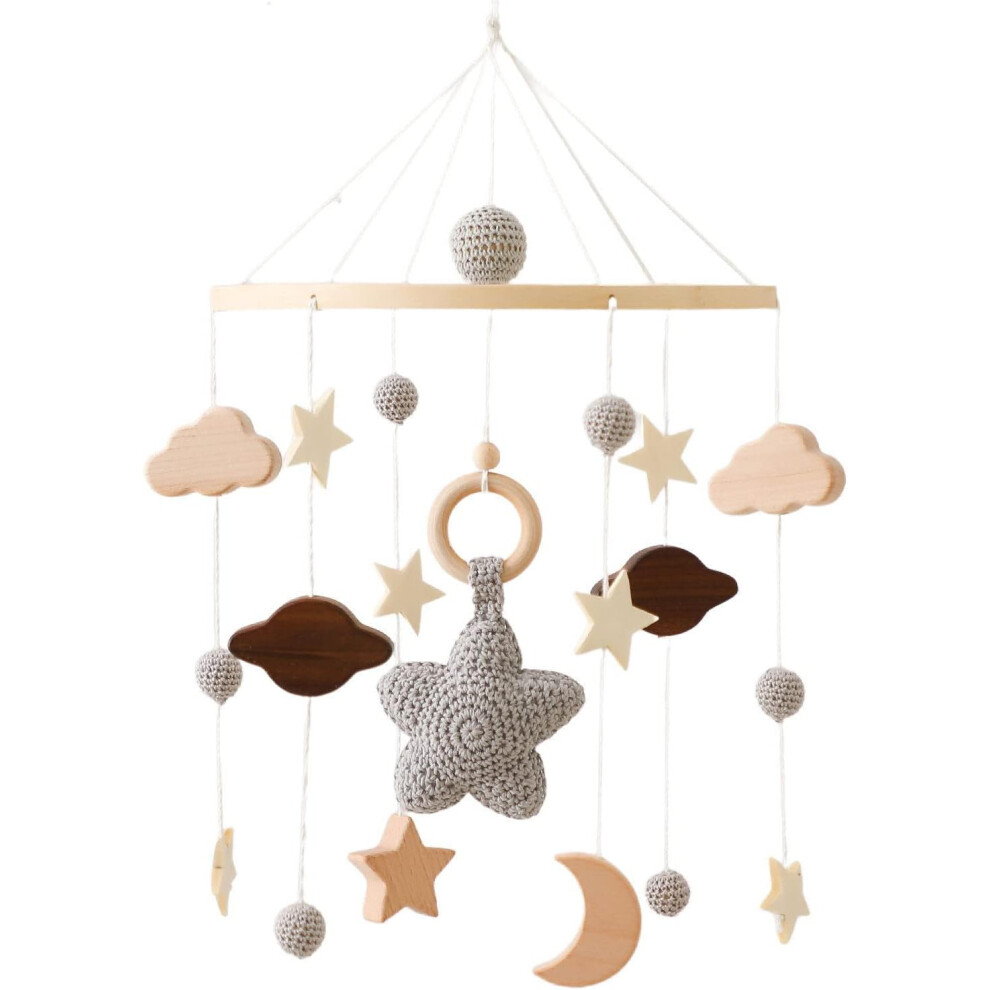 Wooden baby mobile toy with felt balls and cloud ornament