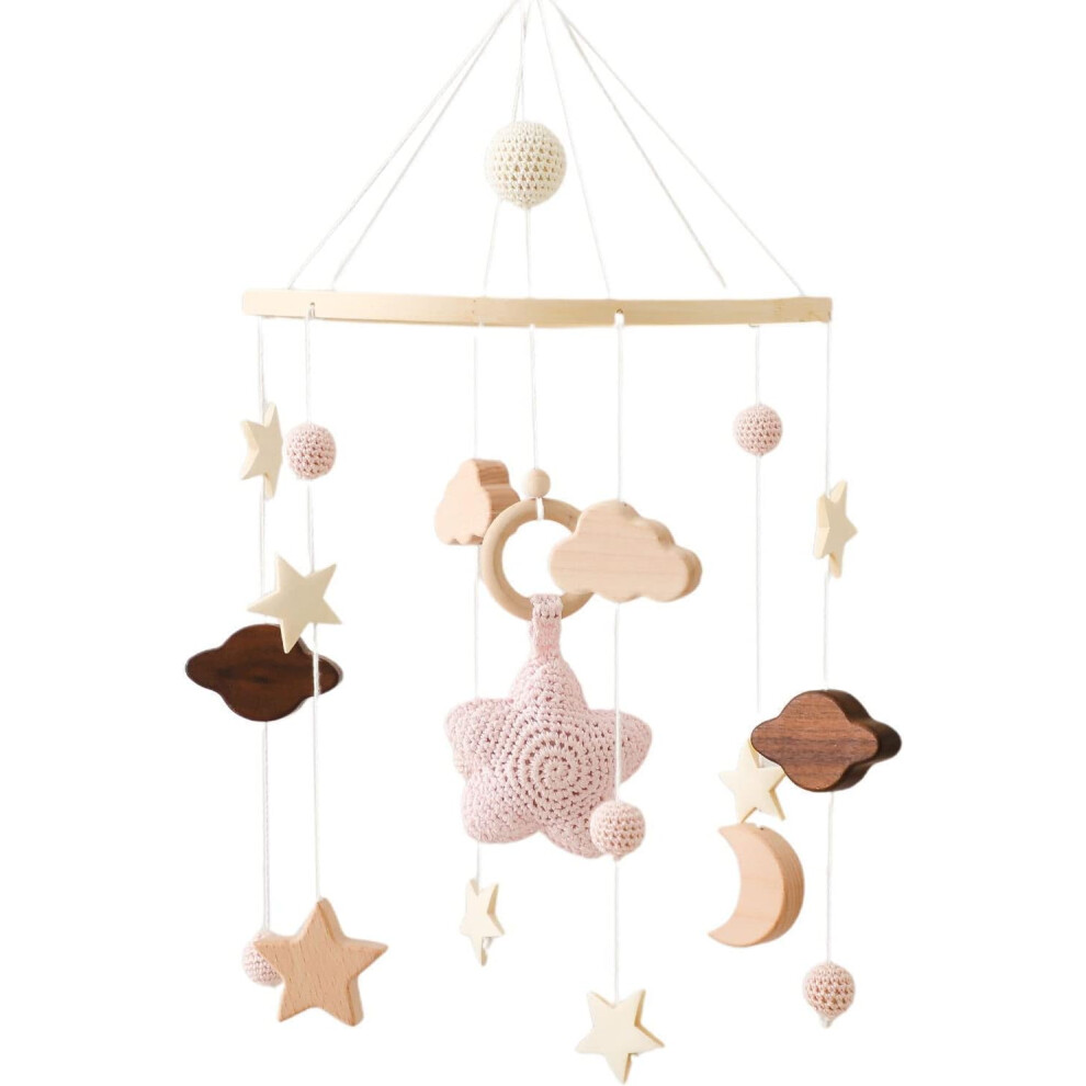 Wooden baby mobile with felt balls and cloud ornament pink
