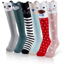 Chaussettes hautes pour filles, motif animaux de dessin animé, en coton, 6 paires
