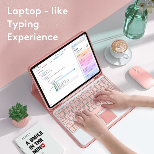 Capa com teclado e mouse sem fio, capa flip tipo folio em PU compatível com iPad 10.9 (2022), Bluetooth rosa 1