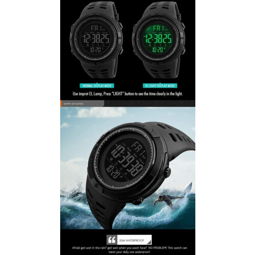 Men's digital watch with large dial, LED, water resistant 1